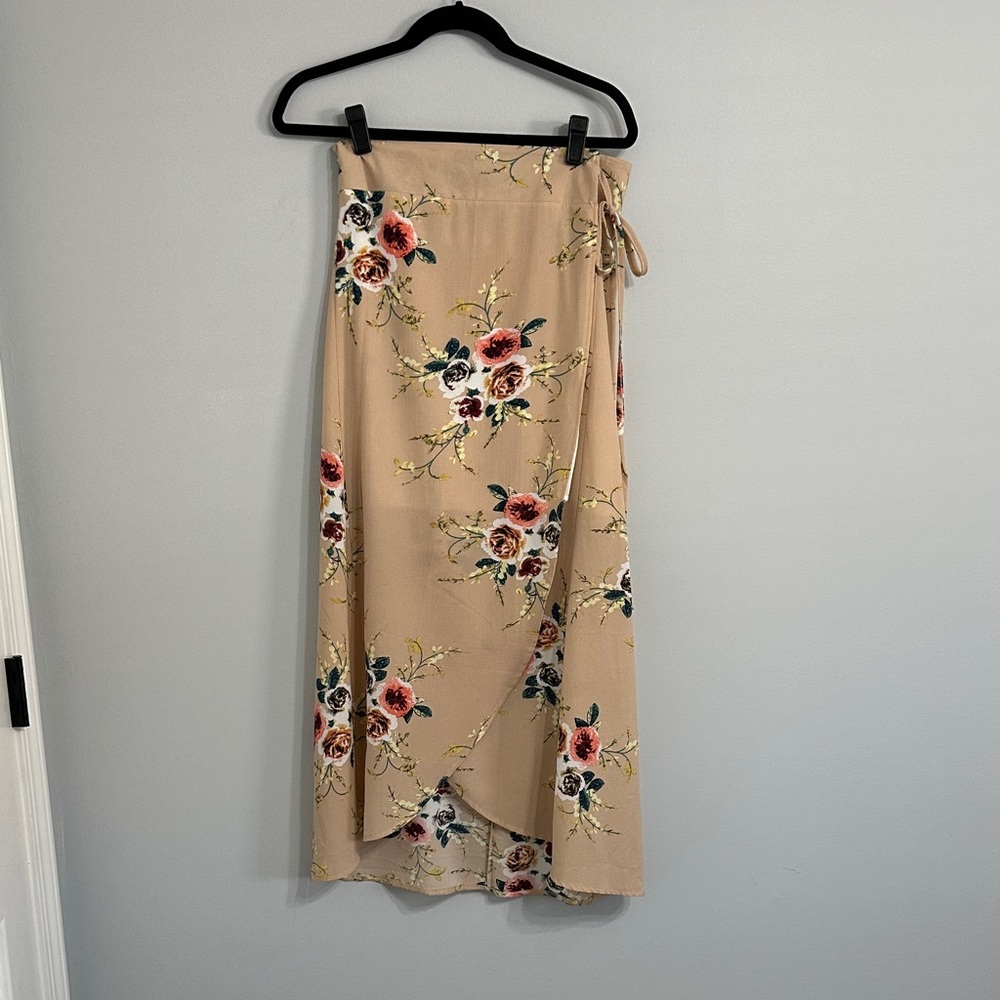 Floral High-Low Wrap Skirt in Beige